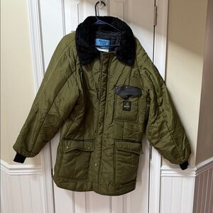 Children's Olive Puffer Jacket with Black Collar